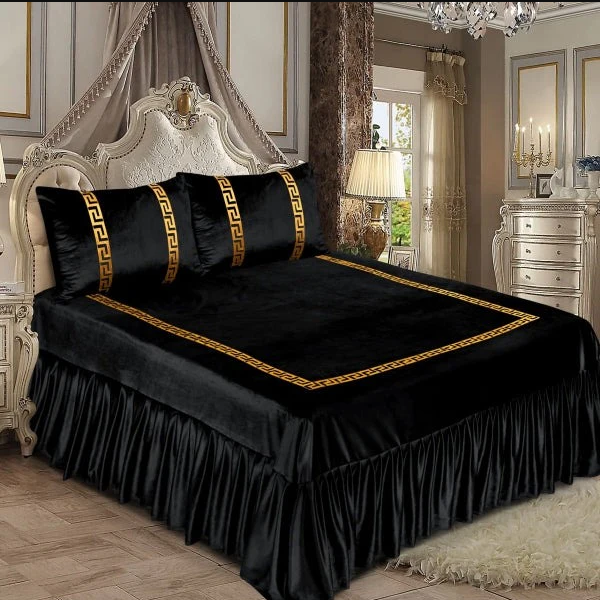 3pcs Luxury Velvet Laser Applique Bedsheet Set - Black