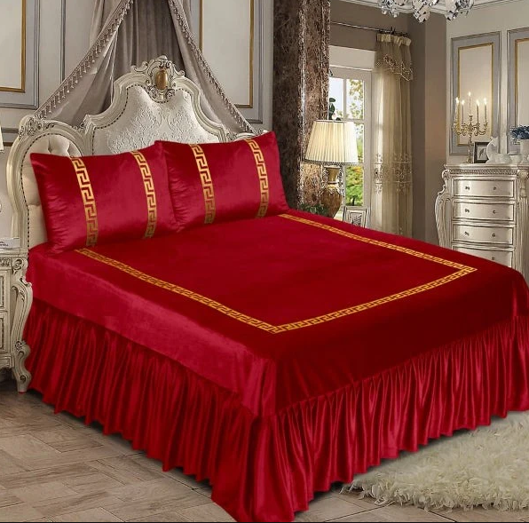 3pcs Luxury Velvet Laser Applique Bedsheet Set - Red