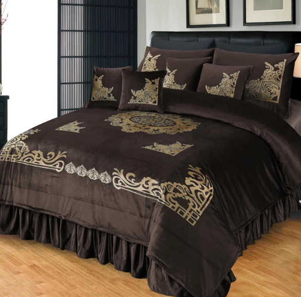 Pure Velvet Laser Applique Set (Coffee) - 9pcs Duvet Set