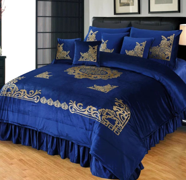 Pure Velvet Laser Applique Set (Navy Blue) - 9pcs Duvet Set