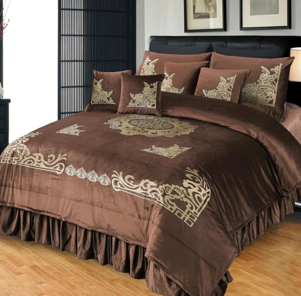 Pure Velvet Laser Applique Set (Brown) - 9pcs Duvet Set