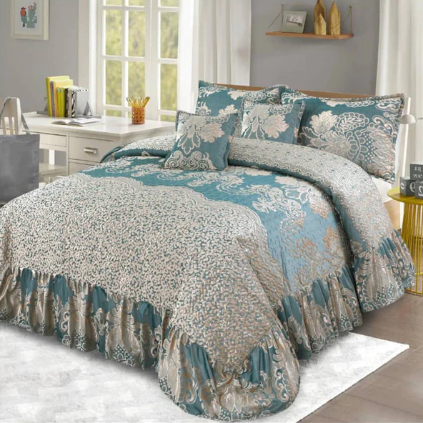 Bridal Fancy Frill Set (Teal-Grey) - 4pcs Bedsheet Set