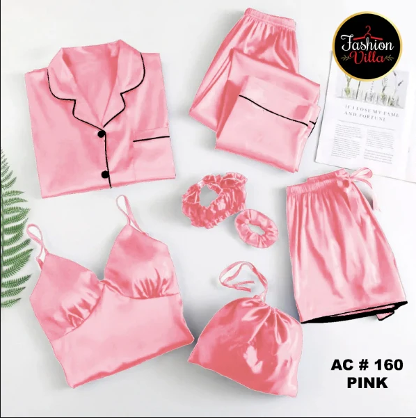 7pcs Silk Night Suit - Pink