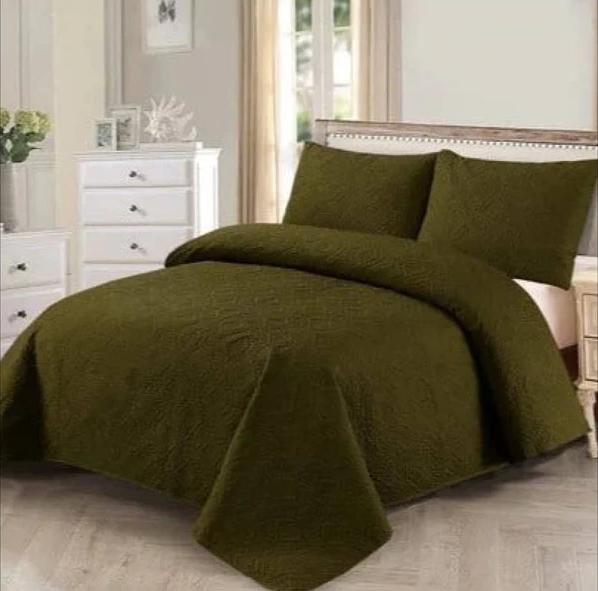 Premium Bedspread Olive Green Dark - 3pcs Set #9349