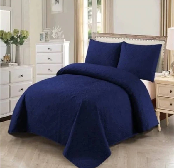 Premium Bedspread Navy Blue - 3pcs Set #9352