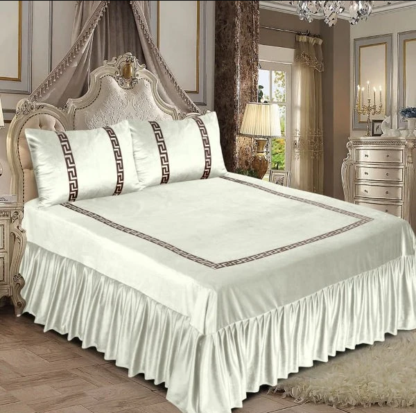 3pcs Luxury Velvet Laser Applique Bedsheet Set - Pearl