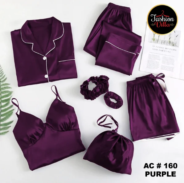 7pcs Silk Night Suit - Purple