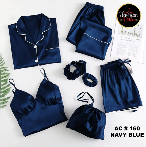 7pcs Silk Night Suit - Navy Blue