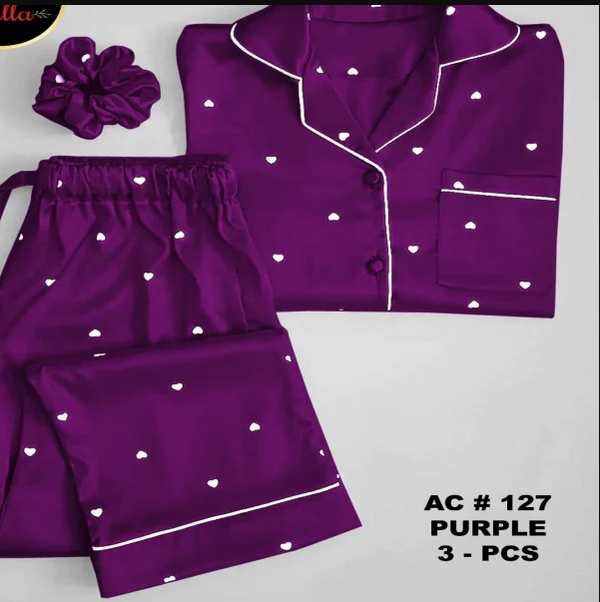 3pcs Silk Night Suit - Purple