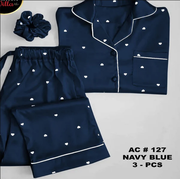 3pcs Silk Night Suit - Navy Blue