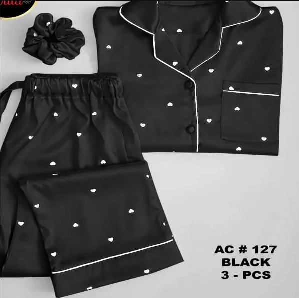 3pcs Silk Night Suit - Black