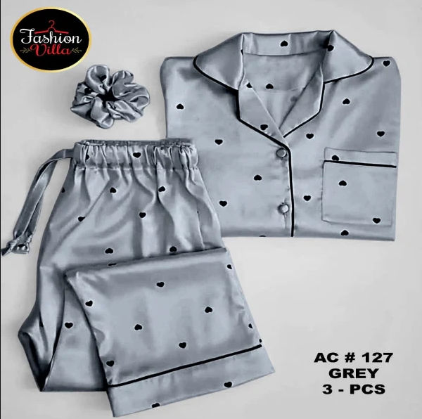 3pcs Silk Night Suit - Grey